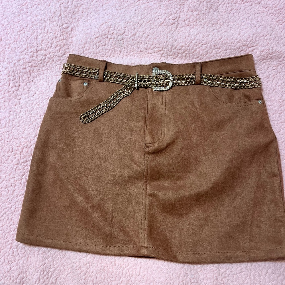 Brown Suede Mini Skirt with Chain Belt